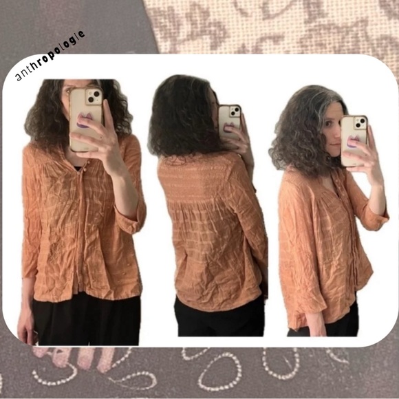 ๐ฅ 3/$30 Anthropologie orange embroidered plaid button long sleeve top - Picture 3 of 17